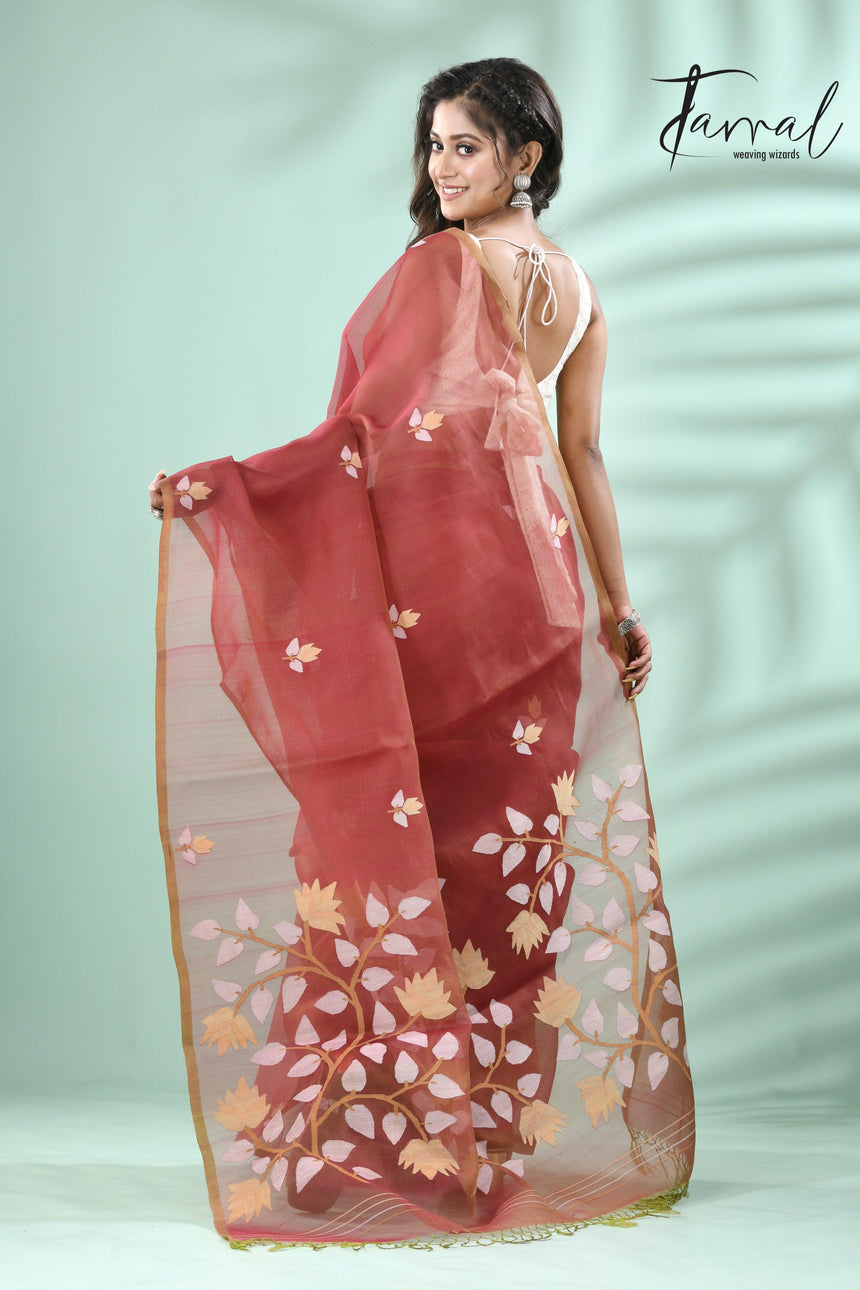 Brown with multicolour muslin silk handwoven floral buta jamdani saree - Tamal Boutique