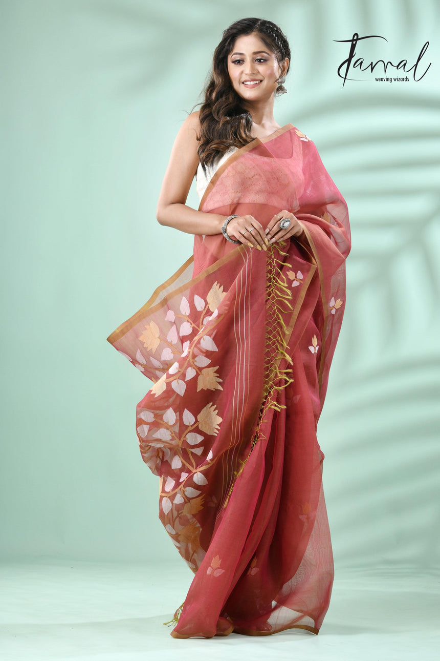 Brown with multicolour muslin silk handwoven floral buta jamdani saree - Tamal Boutique