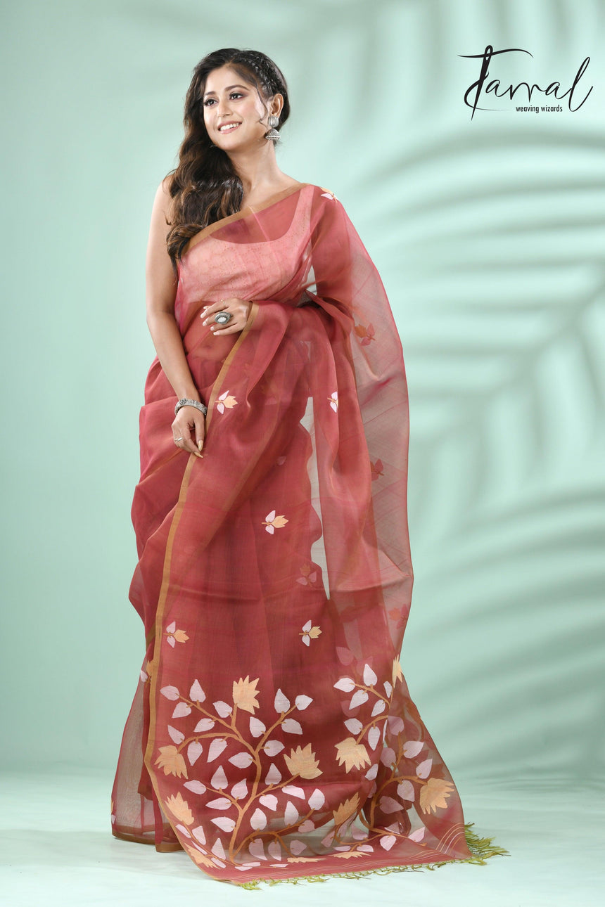Brown with multicolour muslin silk handwoven floral buta jamdani saree - Tamal Boutique