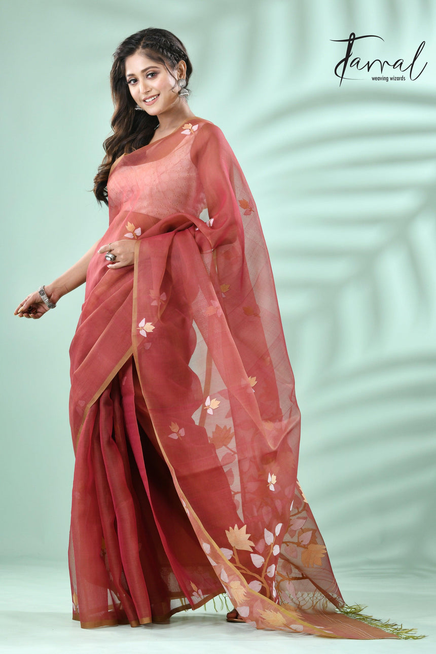 Brown with multicolour muslin silk handwoven floral buta jamdani saree - Tamal Boutique