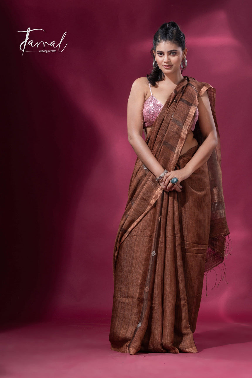 Brown tissue matka muslin handloom jamdani saree