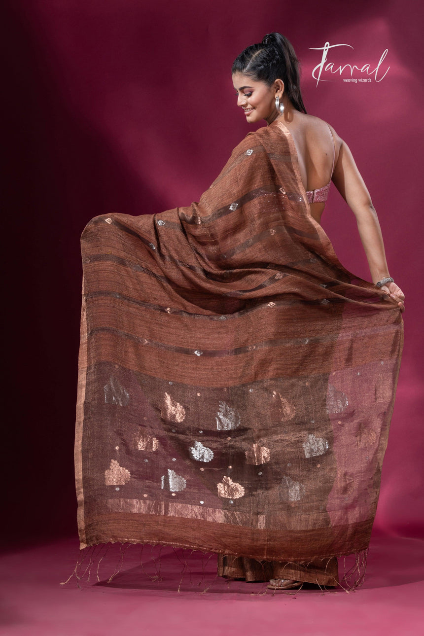 Brown tissue matka muslin handloom jamdani saree back