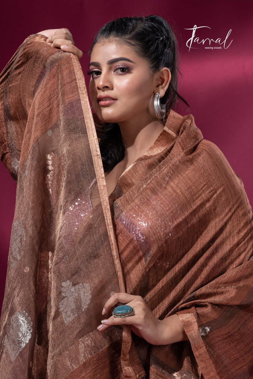 Brown tissue matka muslin handloom jamdani saree cls