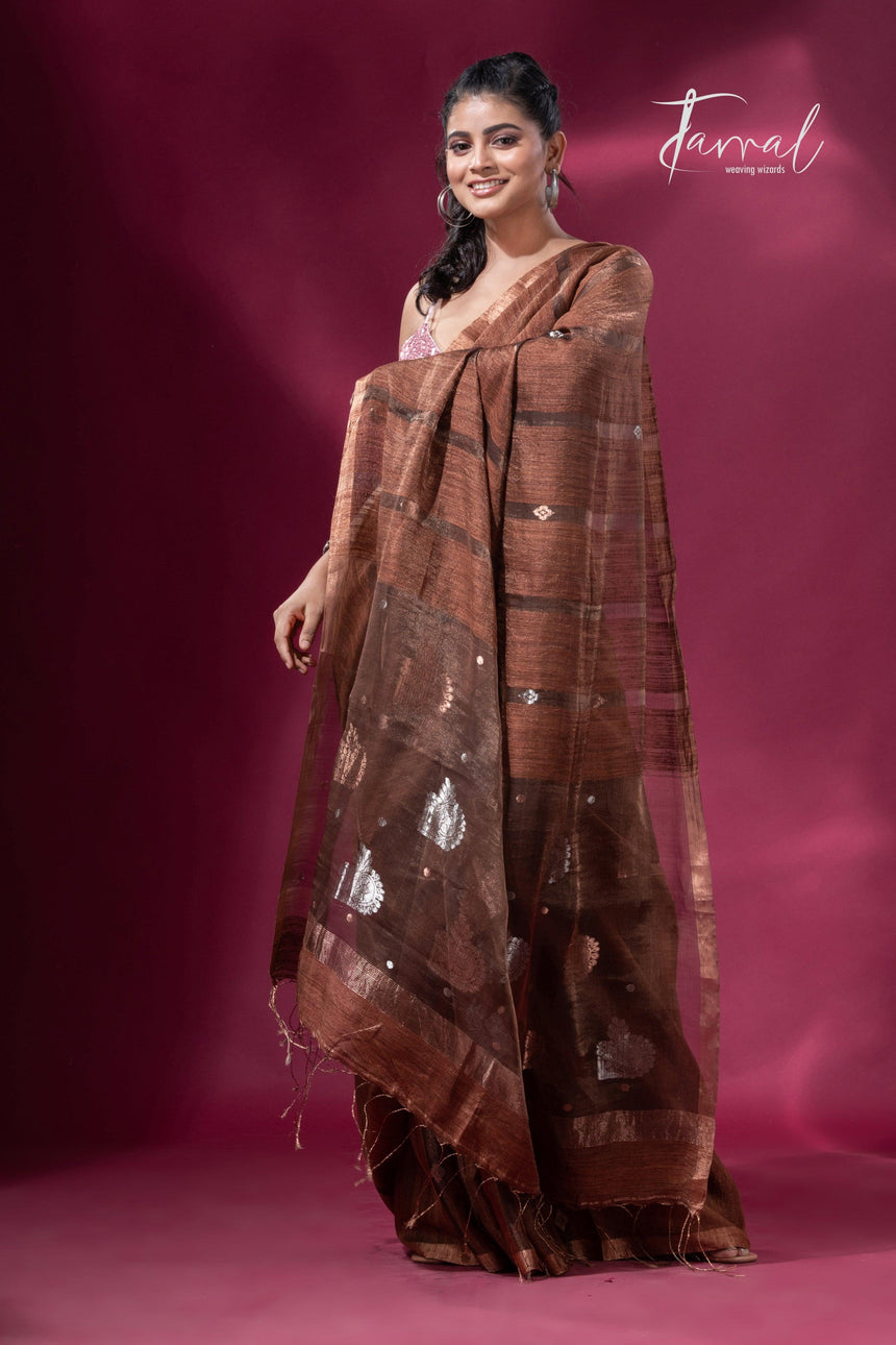 Brown tissue matka muslin handloom jamdani saree right1