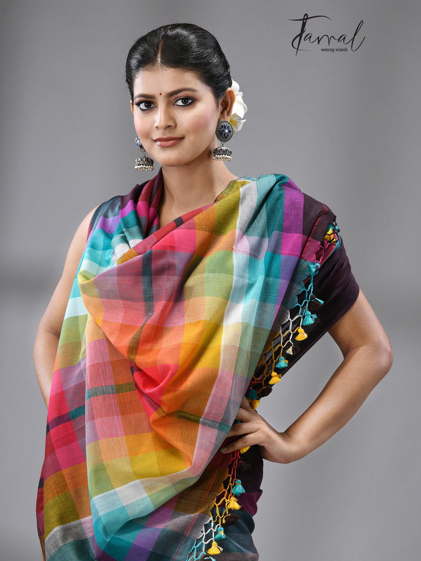 Brown with rainbow colour combination mul cotton handloom saree