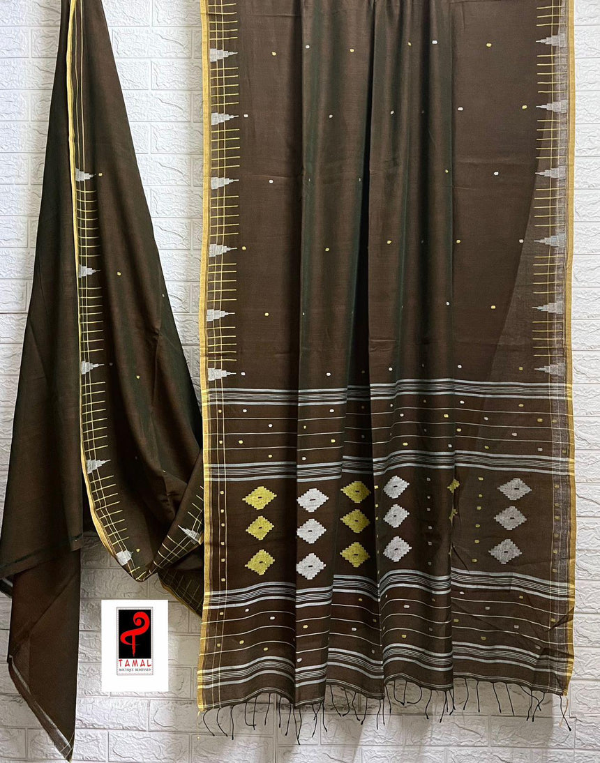 Brown with yellow border pure cotton handwoven jamdani saree