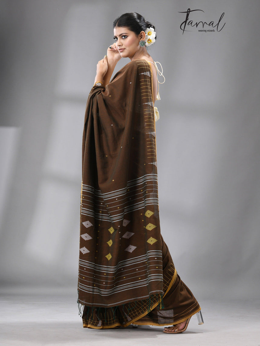 Brown with yellow border pure cotton handwoven jamdani saree