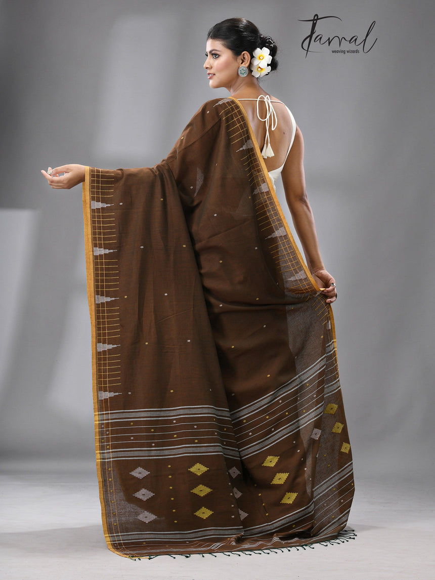 Brown with yellow border pure cotton handwoven jamdani saree
