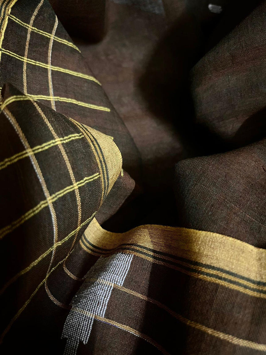 Brown with yellow border pure cotton handwoven jamdani saree