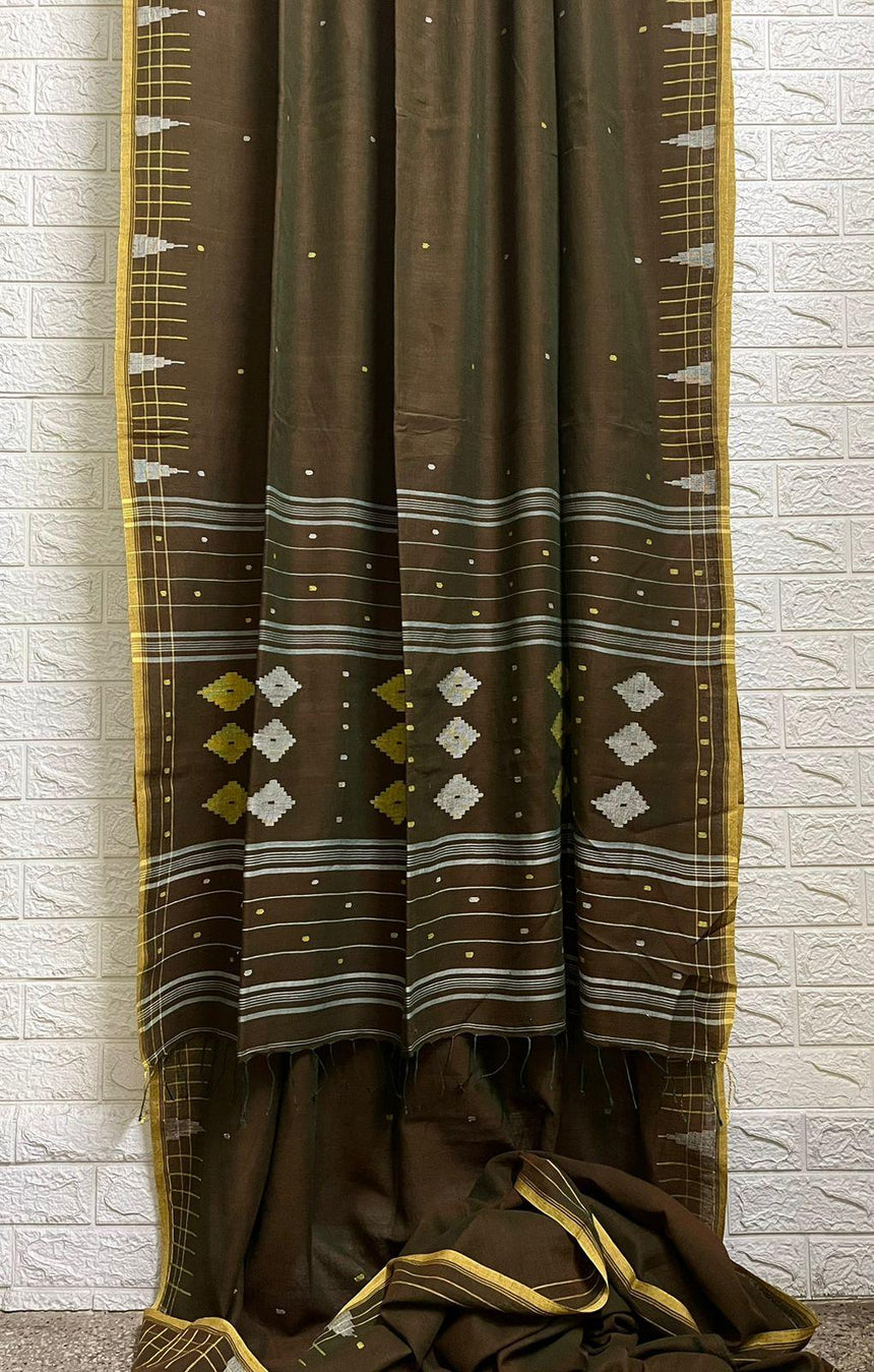 Brown with yellow border pure cotton handwoven jamdani saree