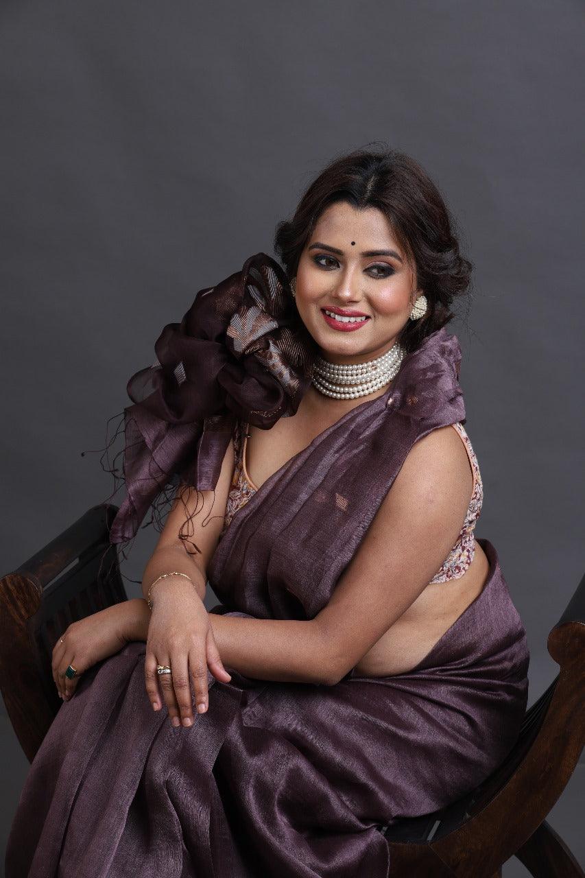 Lavender silk linen handwoven jamdani saree - Tamal Boutique