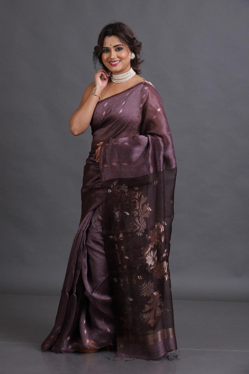 Lavender silk linen handwoven jamdani saree - Tamal Boutique