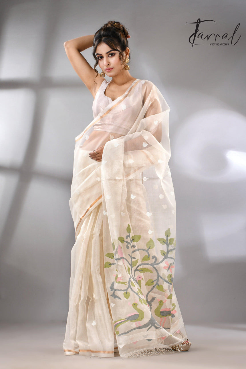 Buy Off White Muslin Silk Handloom needle work jamdani saree