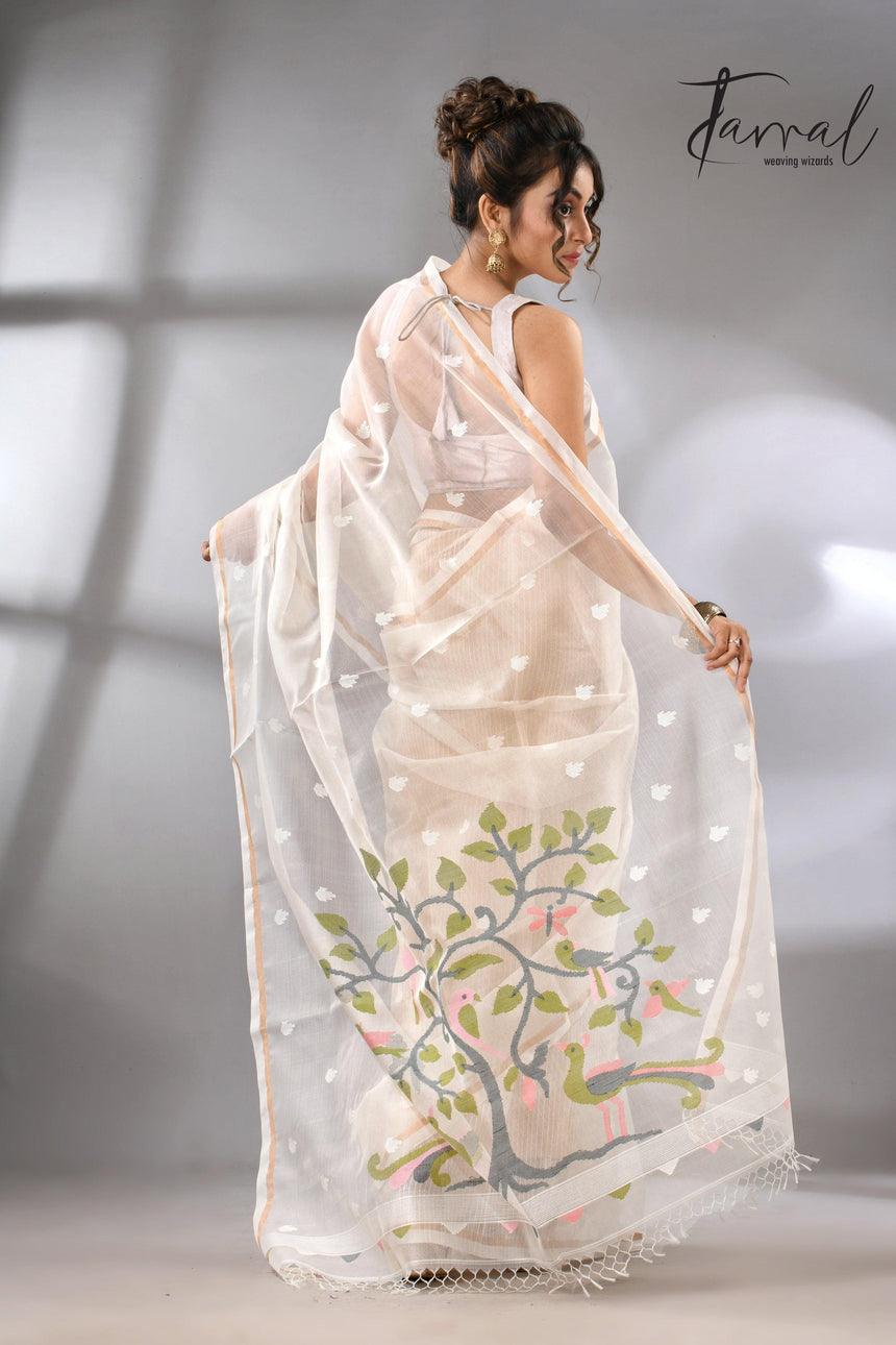 Buy Off White Muslin Silk Handloom needle work jamdani saree back