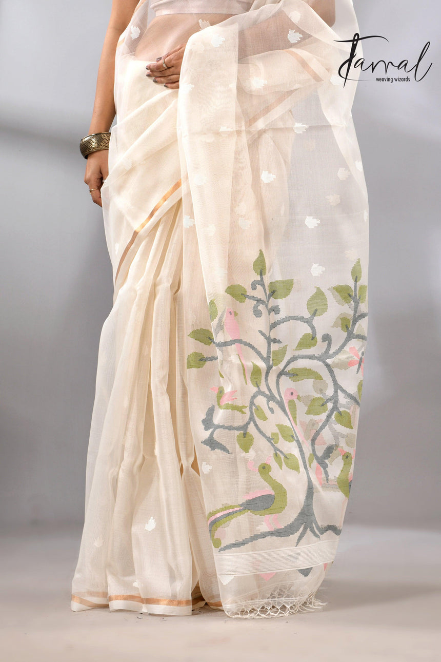 Buy Off White Muslin Silk Handloom needle work jamdani saree bottom