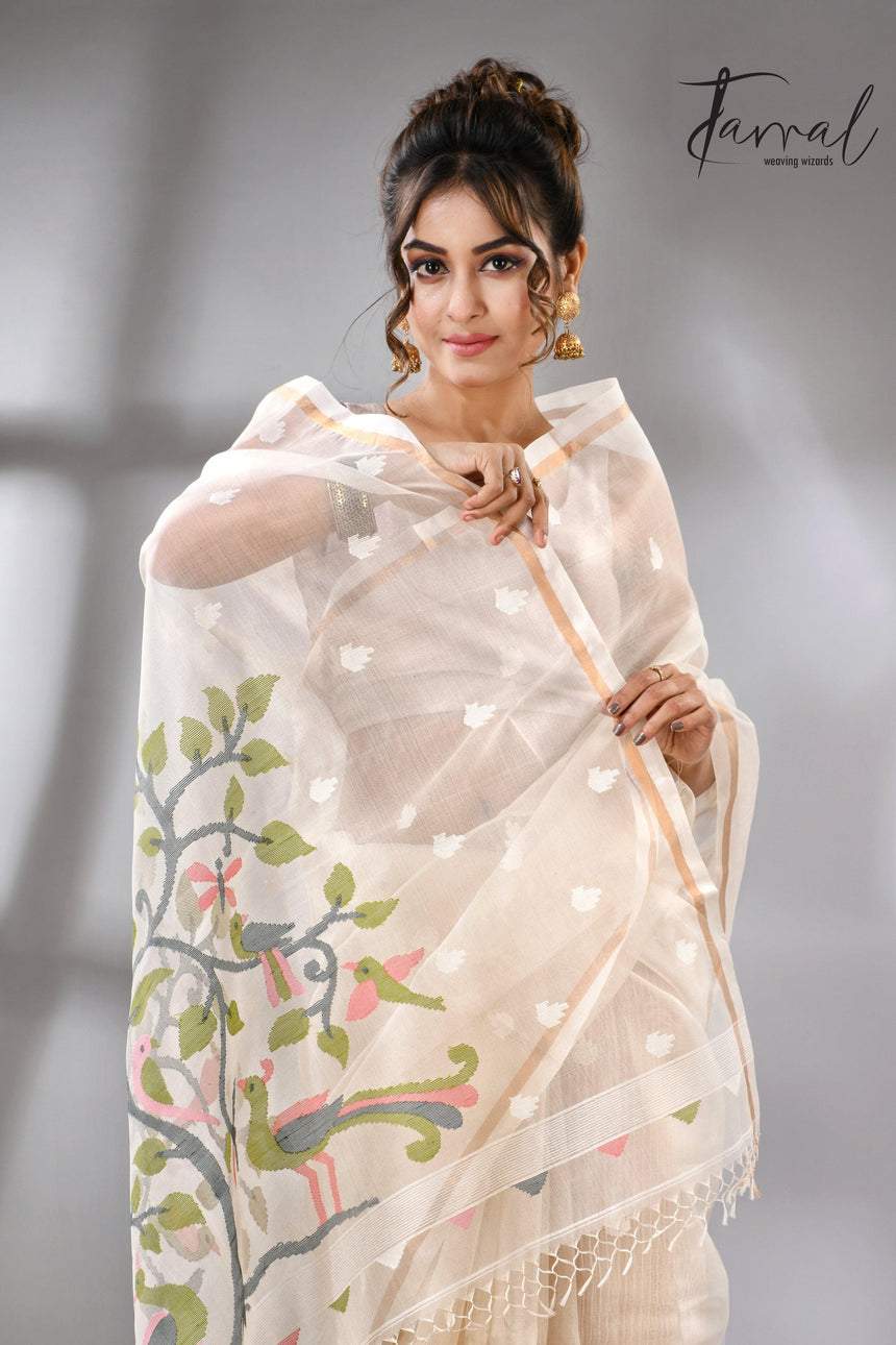 Buy Off White Muslin Silk Handloom needle work jamdani saree cls