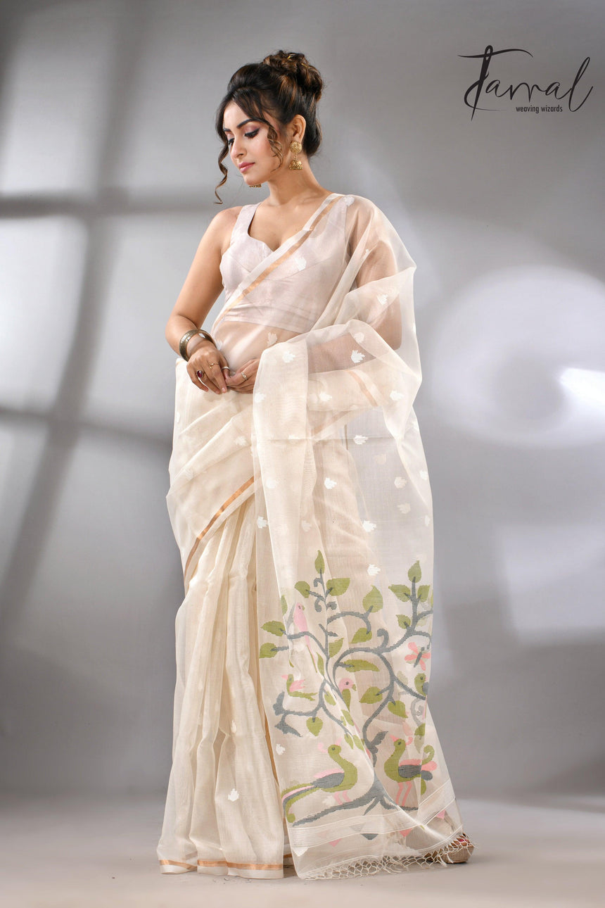 Buy Off White Muslin Silk Handloom needle work jamdani saree left