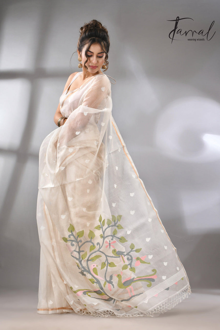 Buy Off White Muslin Silk Handloom needle work jamdani saree left2