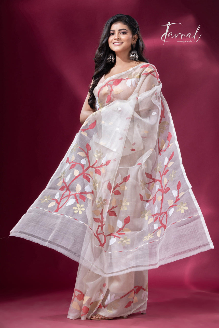 Buy off white floral border muslin silk handwoven jamdani saree