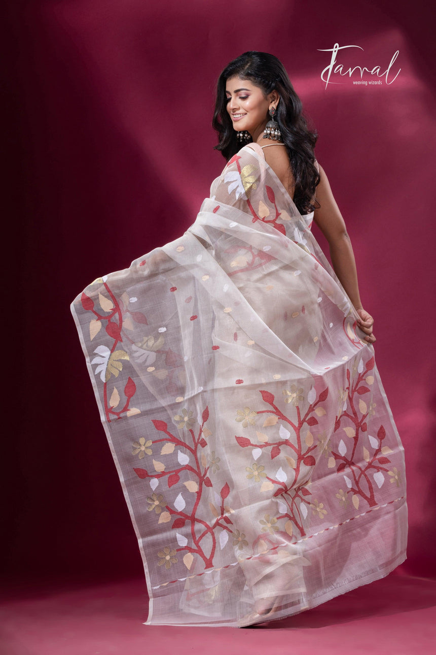 Buy off white floral border muslin silk handwoven jamdani saree back