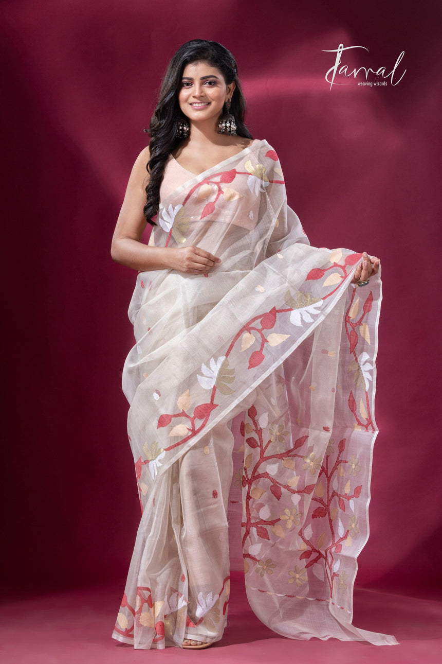Buy off white floral border muslin silk handwoven jamdani saree full1
