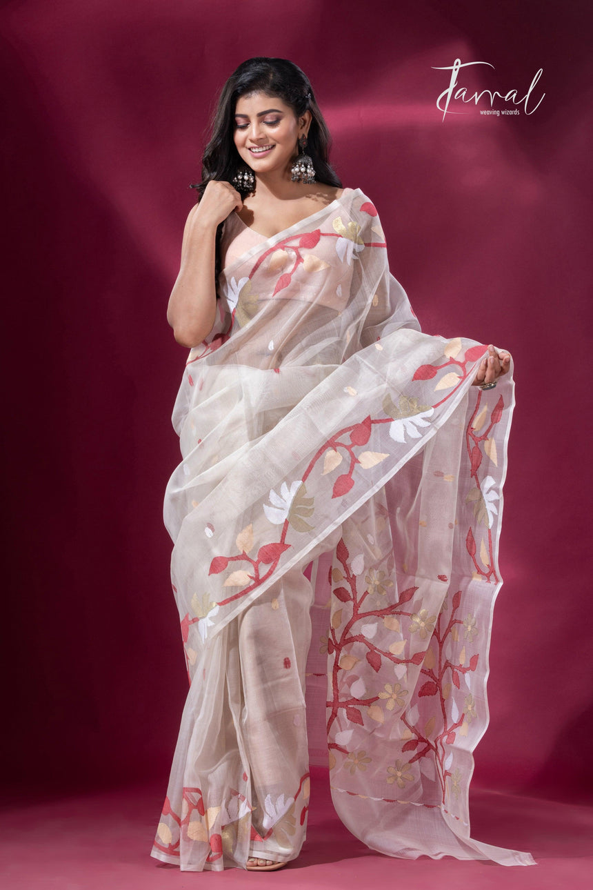 Buy off white floral border muslin silk handwoven jamdani saree full2