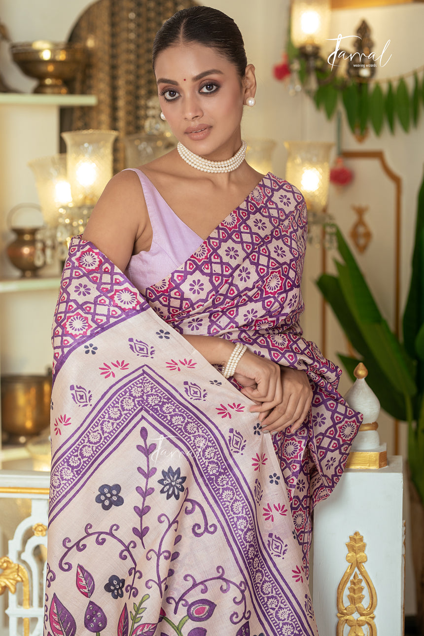 Lavender With Offwhite Combination Pure Tussar Silk Handblock Printed Saree