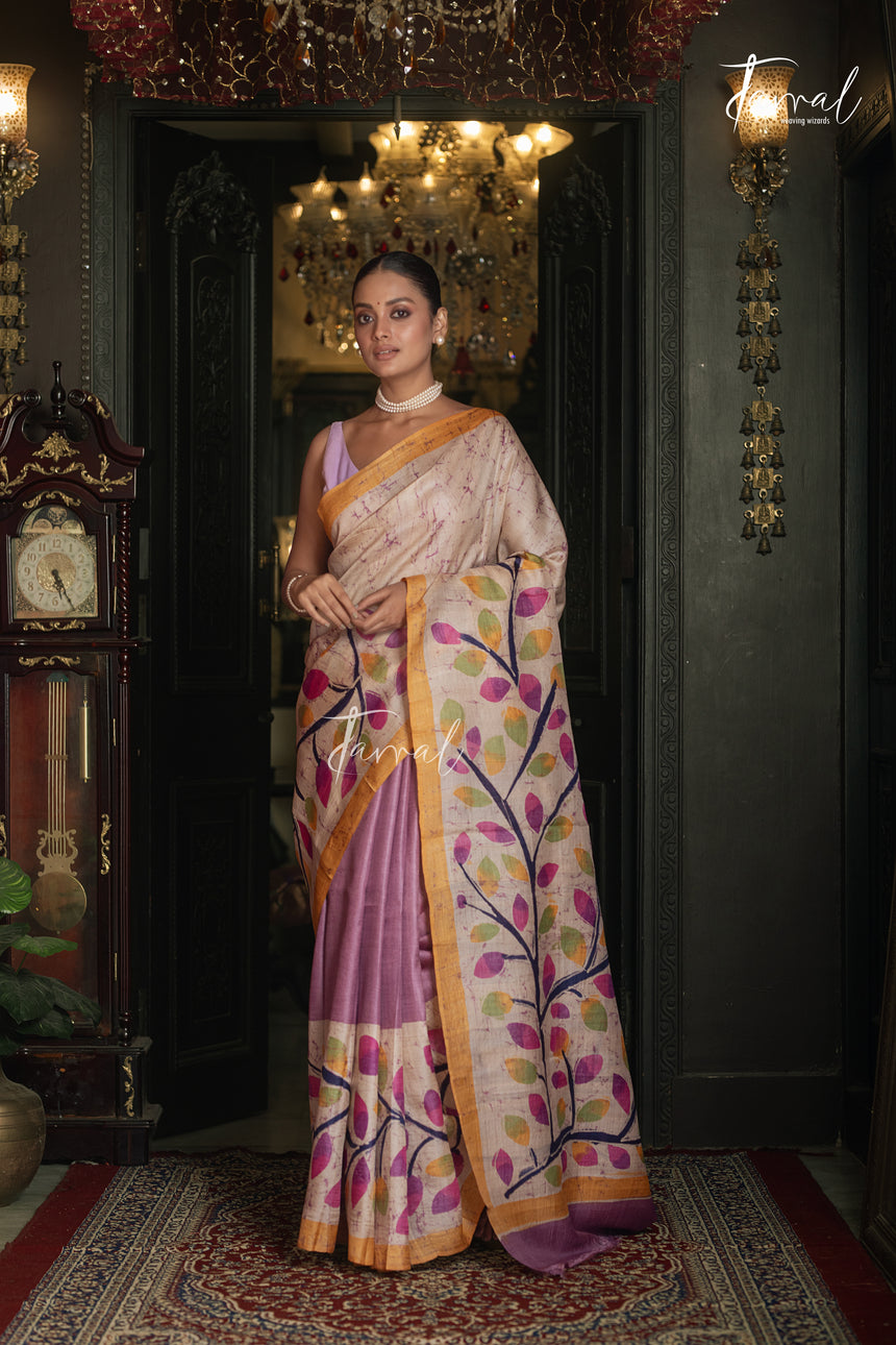 Ivory White With Yellow Border Pure Tussar Silk Handcrafted Wax Batik Saree