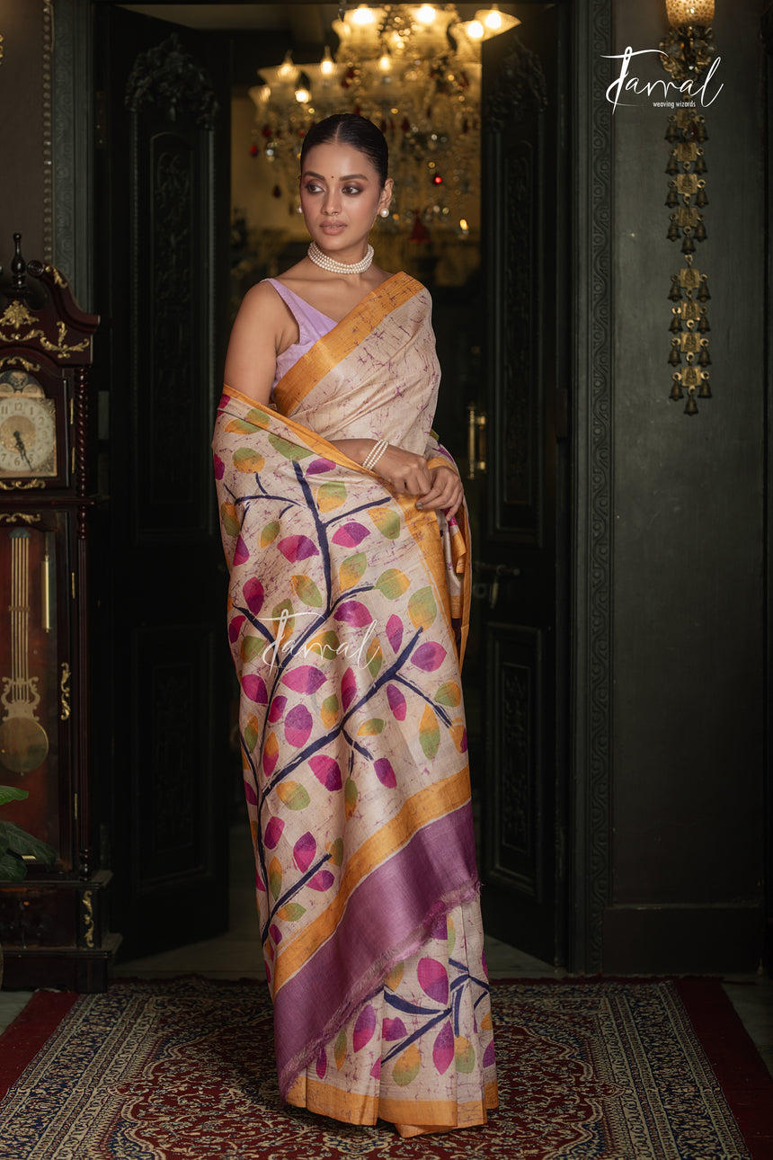 Ivory White With Yellow Border Pure Tussar Silk Handcrafted Wax Batik Saree