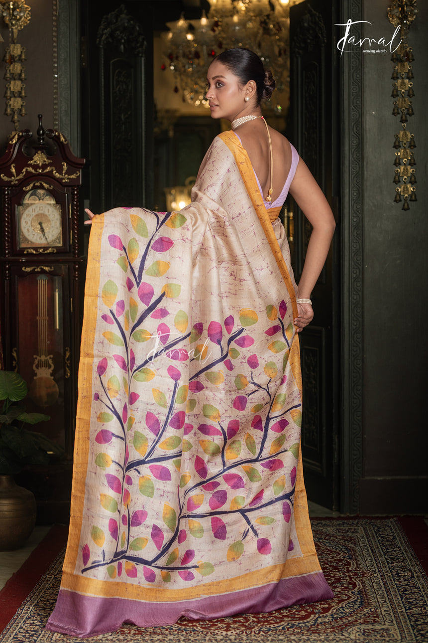 Ivory White With Yellow Border Pure Tussar Silk Handcrafted Wax Batik Saree