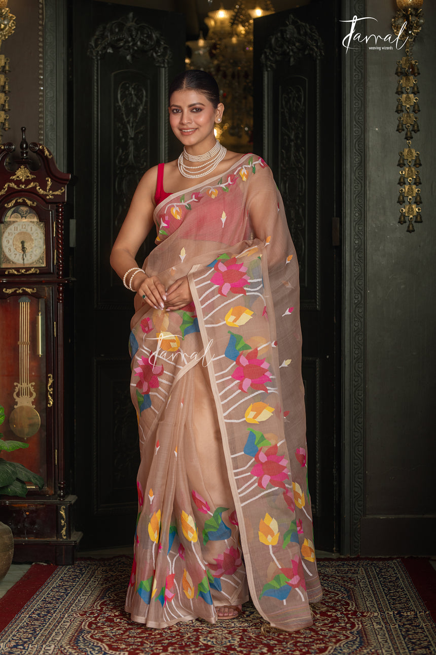 Golden Beige With Multicolour Lotus Motifs Handwoven Jamdani Saree