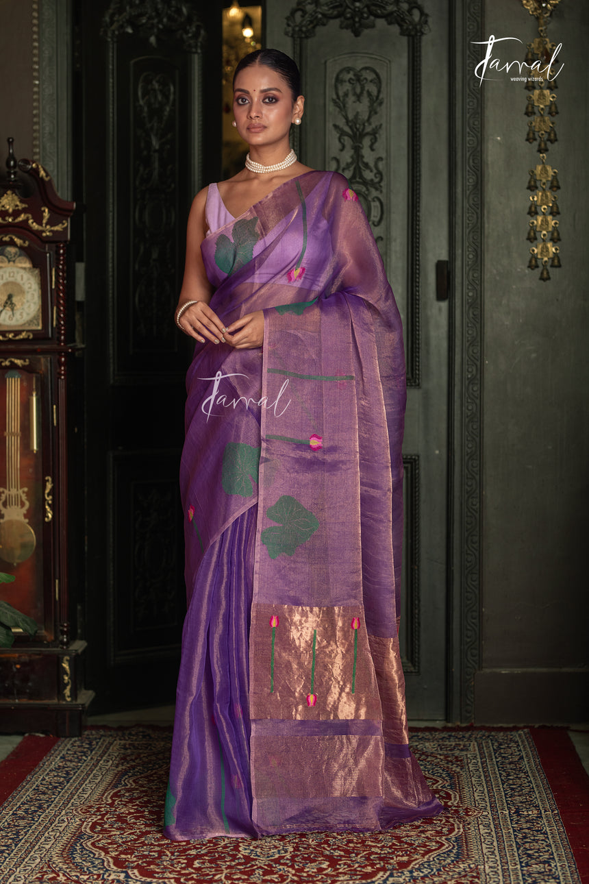Golden Lavender Lotus Motifs Tissue Silk Handwoven Jamdani Saree