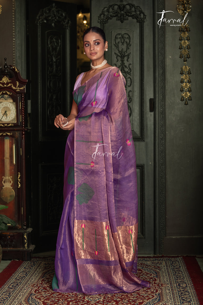 Golden Lavender Lotus Motifs Tissue Silk Handwoven Jamdani Saree