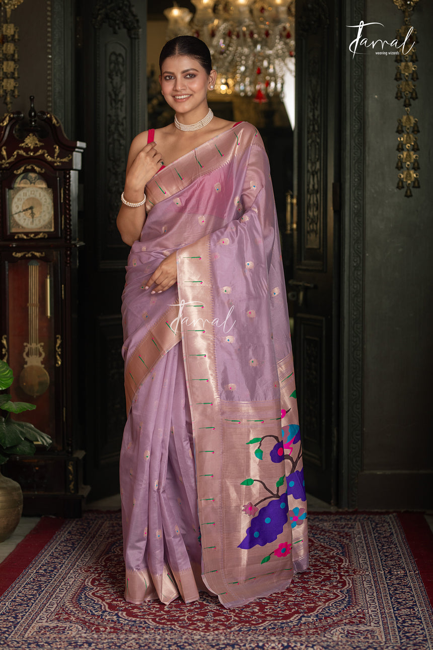 Soft Lavender Pink With Rose-gold Border Pure Organza Silk Paithani Saree