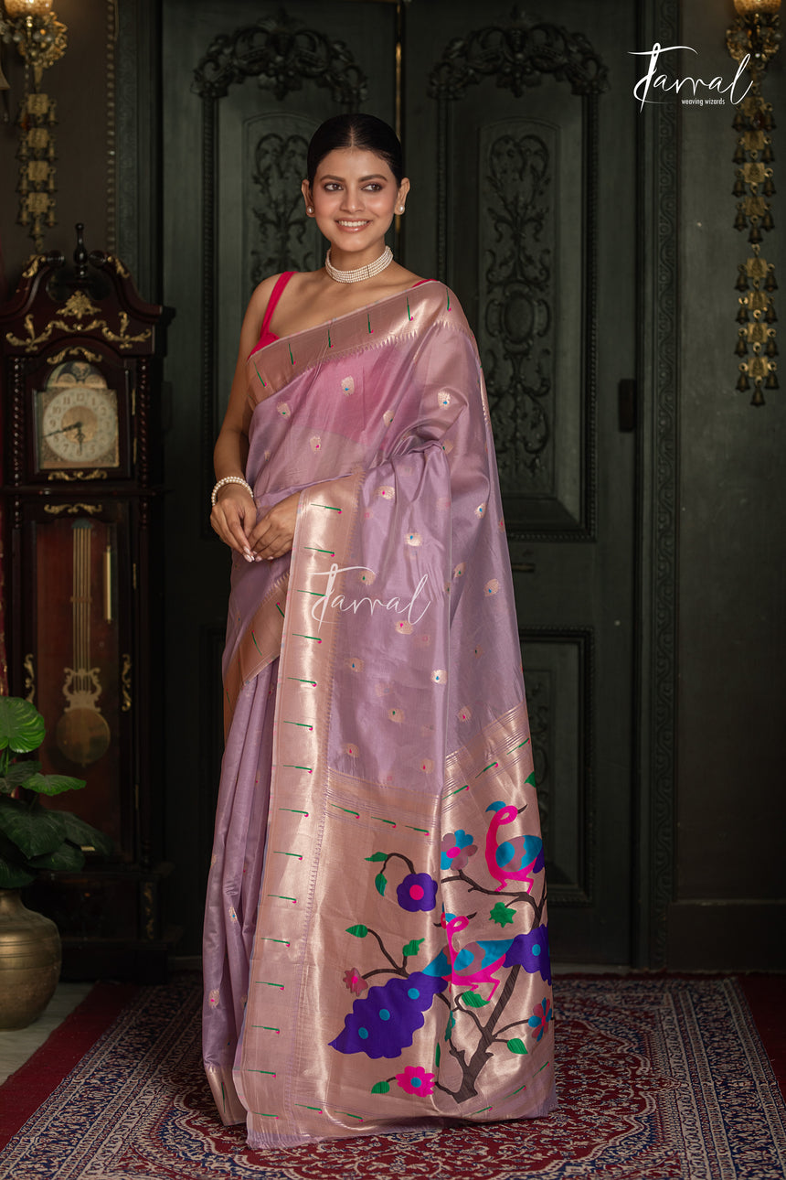 Soft Lavender Pink With Rose-gold Border Pure Organza Silk Paithani Saree