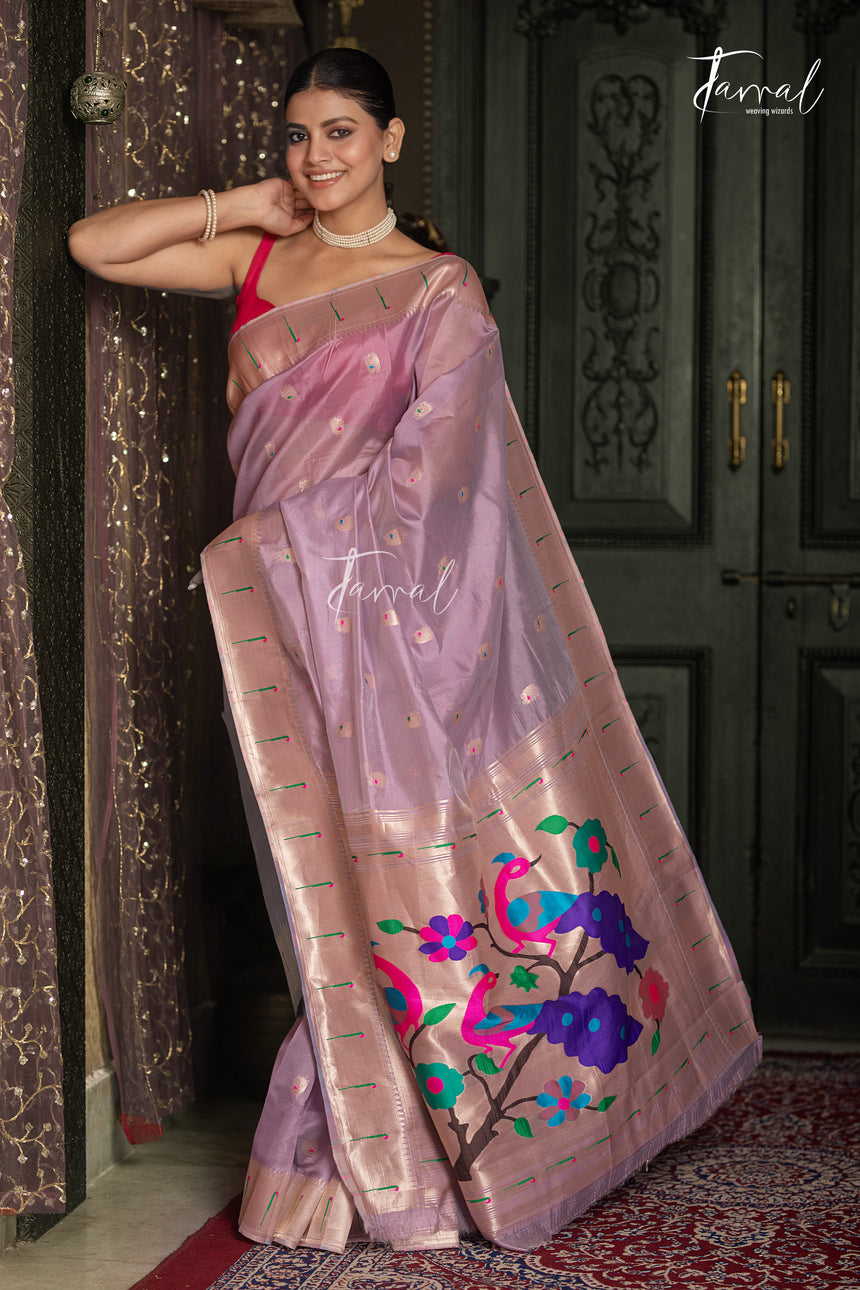 Soft Lavender Pink With Rose-gold Border Pure Organza Silk Paithani Saree