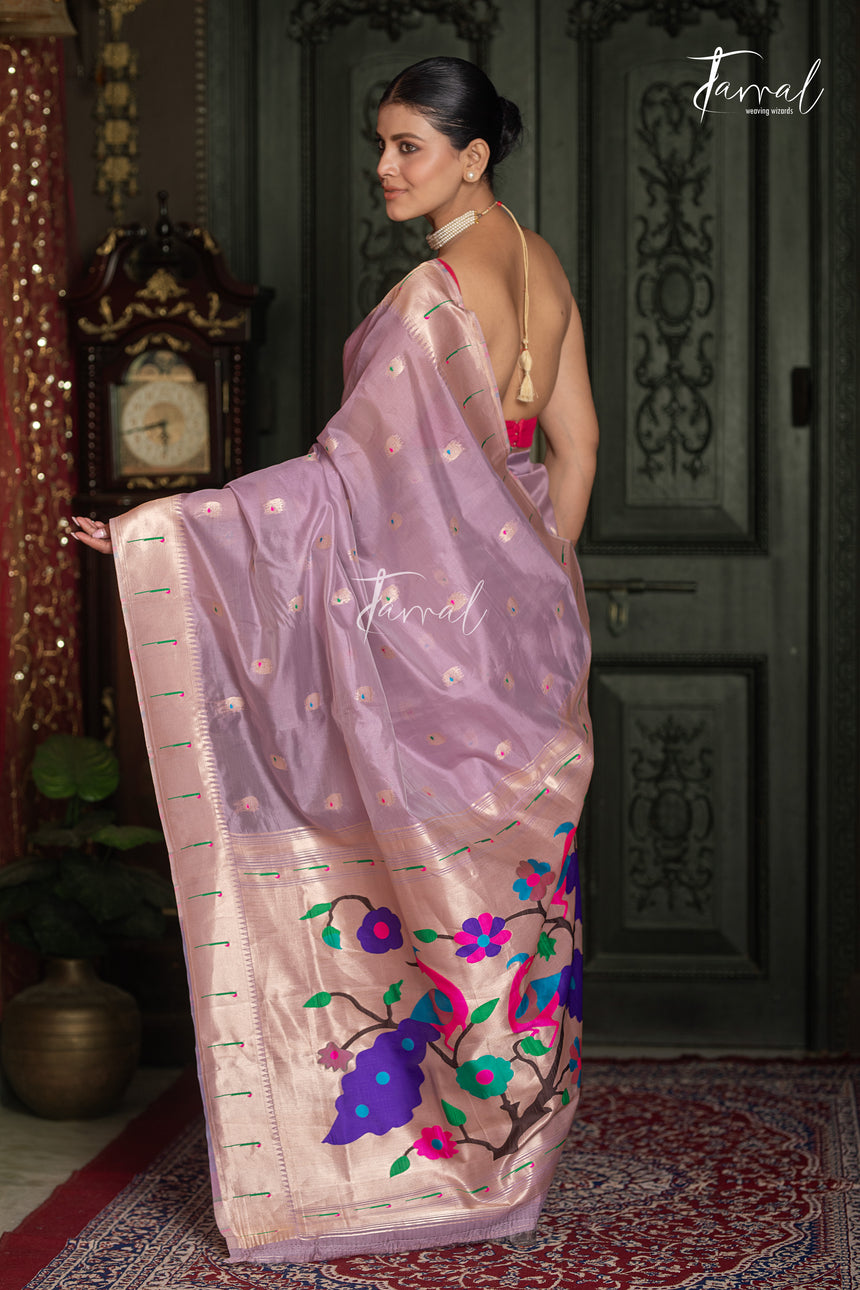 Soft Lavender Pink With Rose-gold Border Pure Organza Silk Paithani Saree