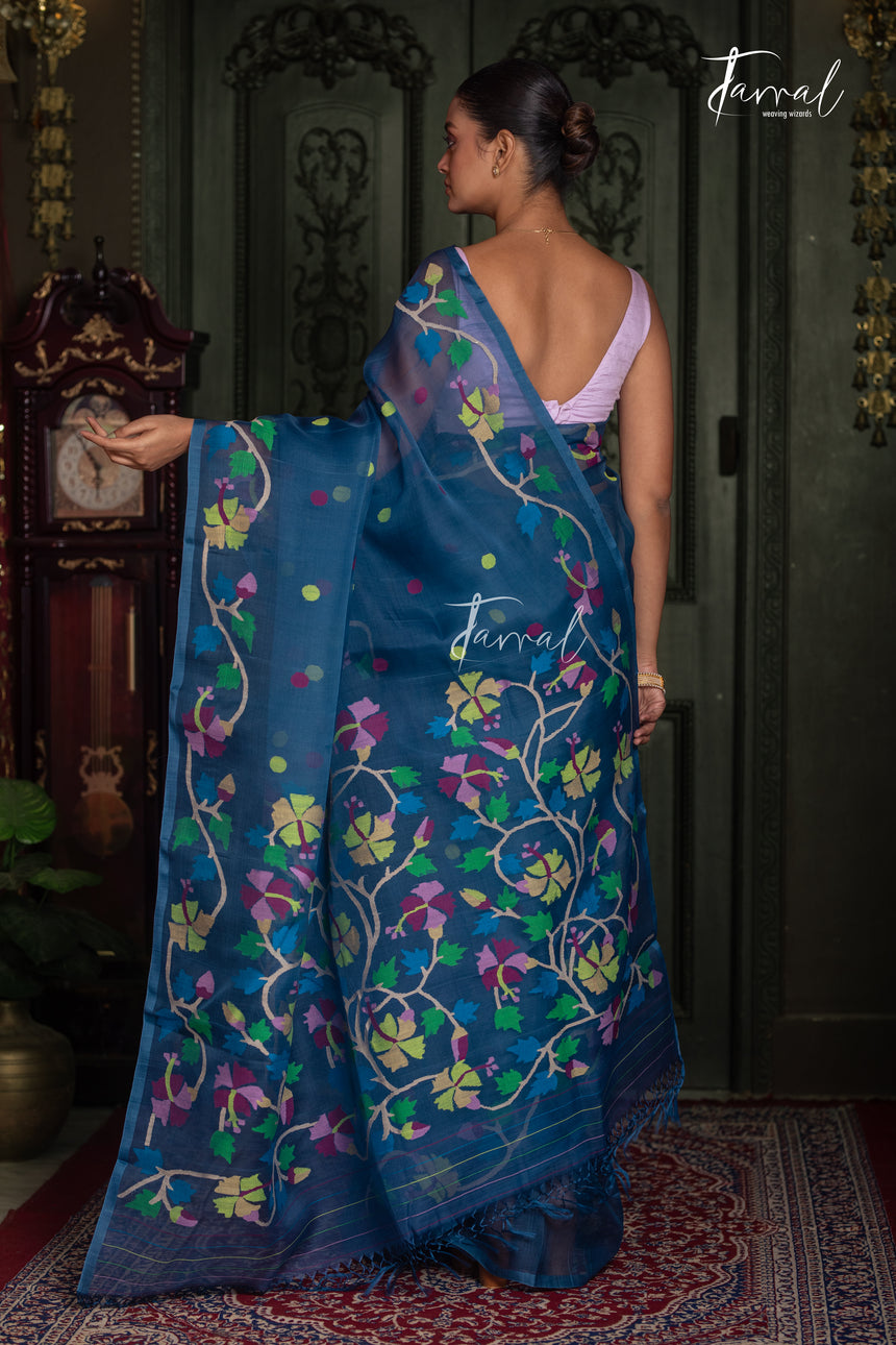 Teal Blue Handwoven Muslin Silk Jamdani Saree with Multicolour Floral Design
