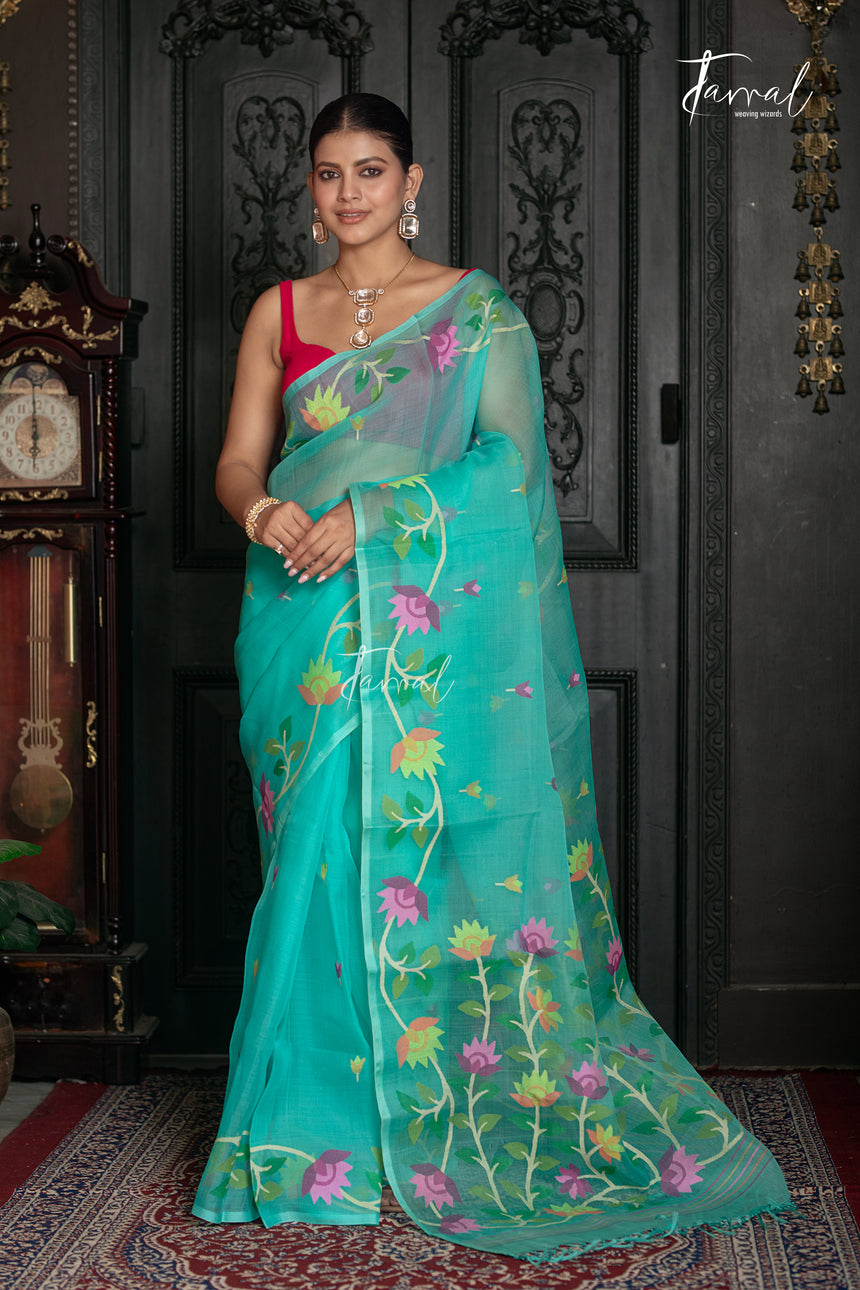 Sea Green With Floral Border Muslin Silk Handwoven Jamdani Saree
