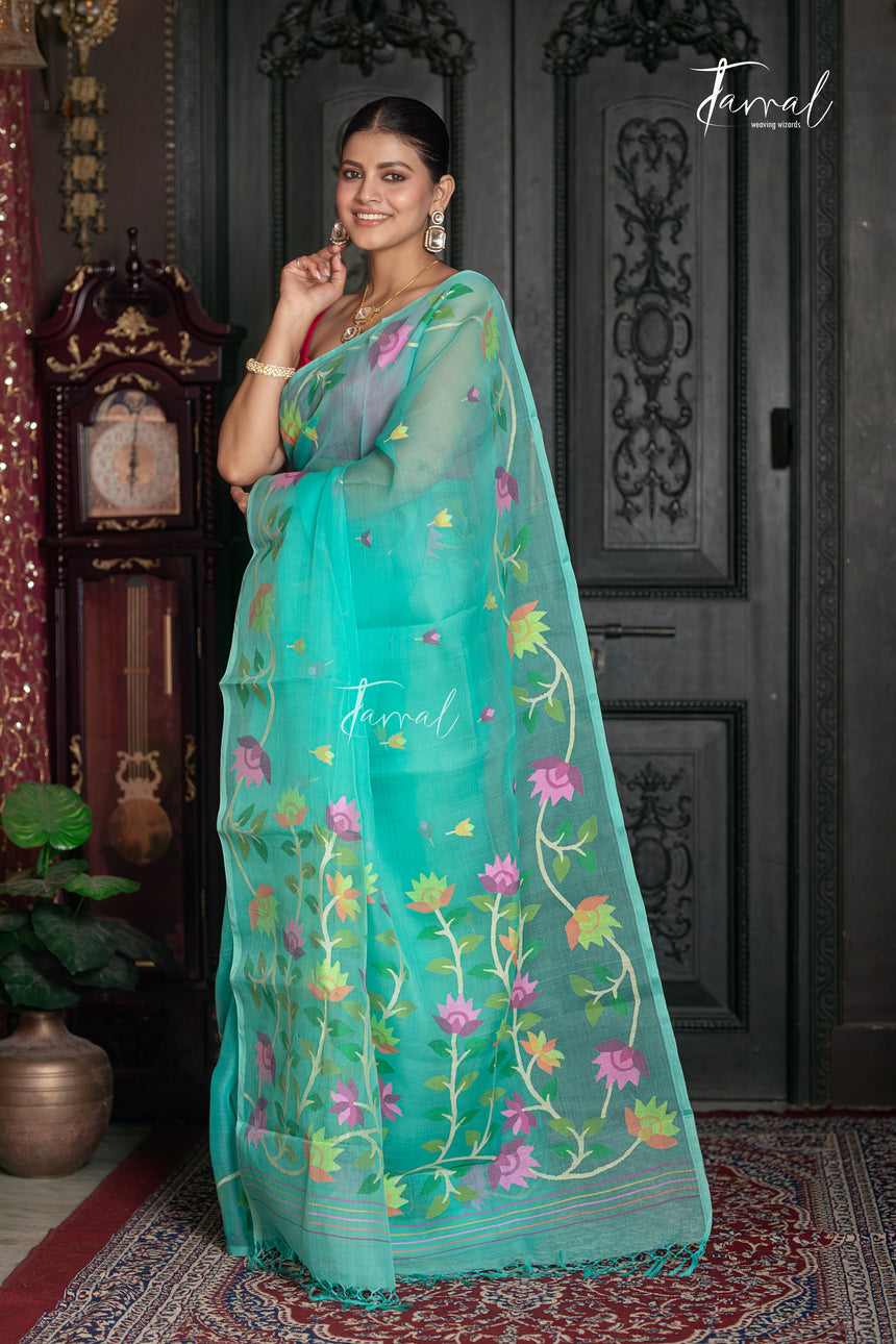 Sea Green With Floral Border Muslin Silk Handwoven Jamdani Saree