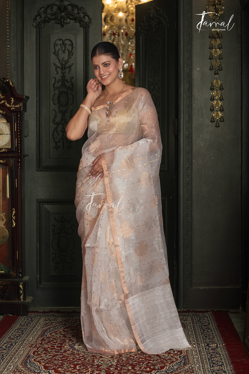 Offwhite Silver & Golden Floral Allover Sequins Handwoven Needlework Jamdani Saree