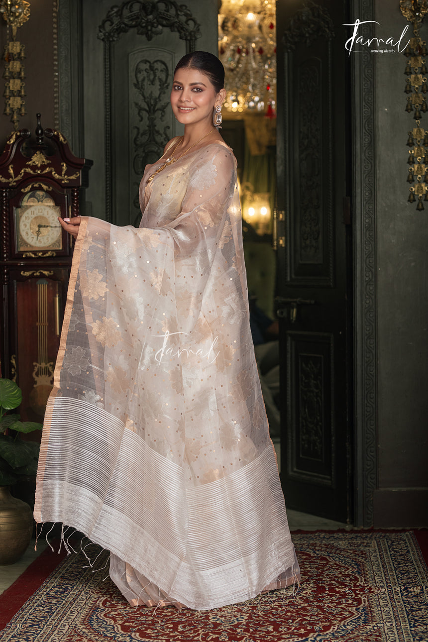 Offwhite Silver & Golden Floral Allover Sequins Handwoven Needlework Jamdani Saree