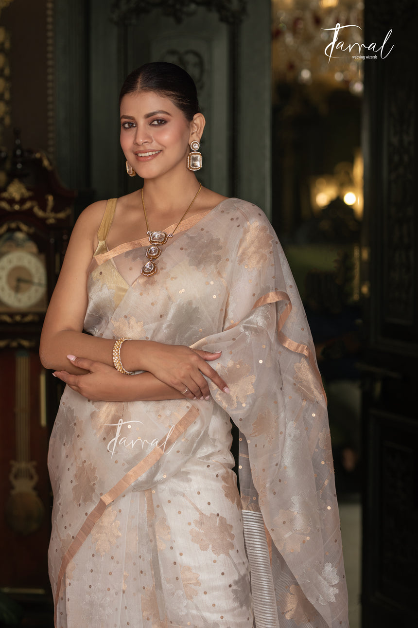 Offwhite Silver & Golden Floral Allover Sequins Handwoven Needlework Jamdani Saree