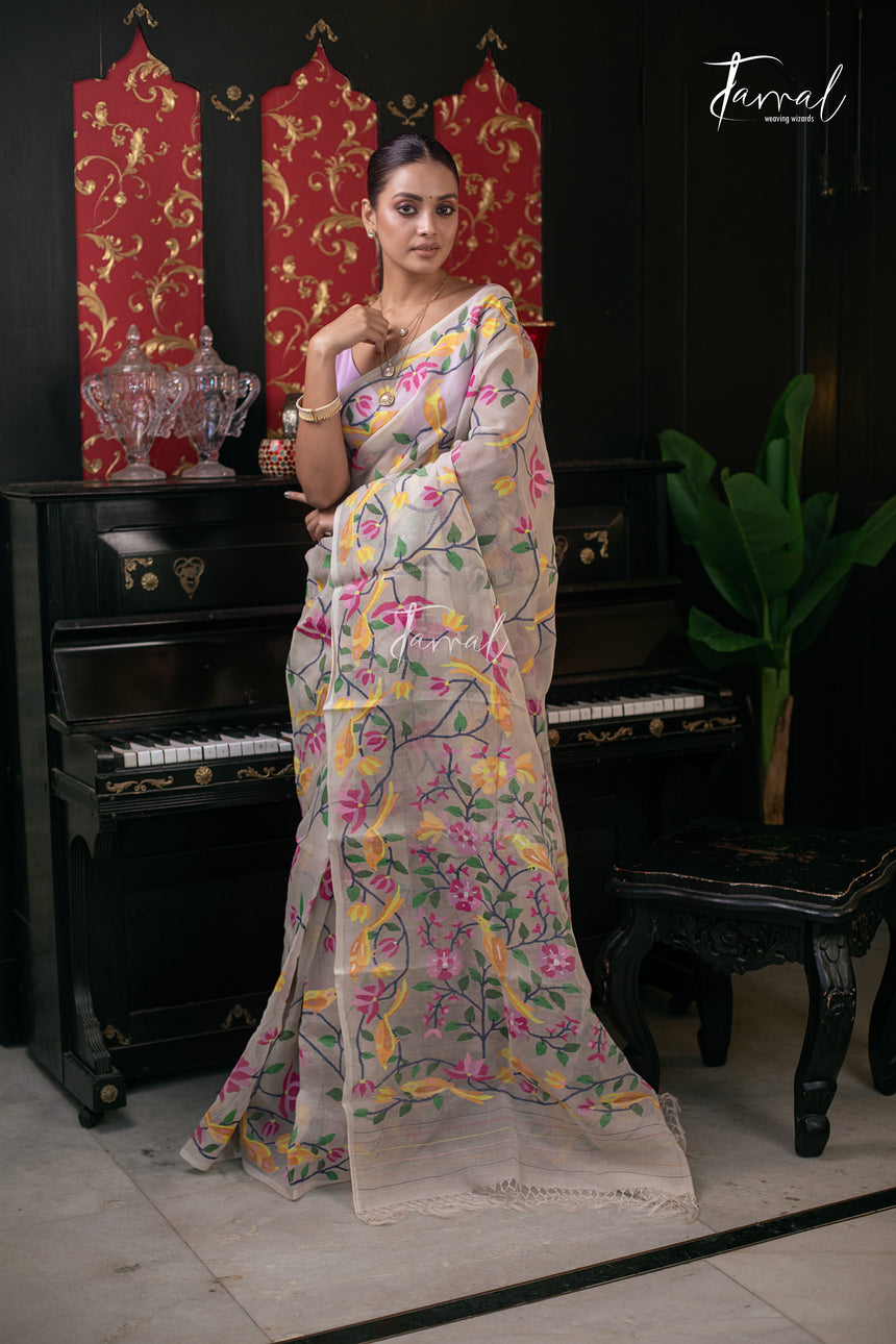 Offwhite With Multicolour Allover Pure Muslin Silk Handwoven Needlework Jamdani Saree