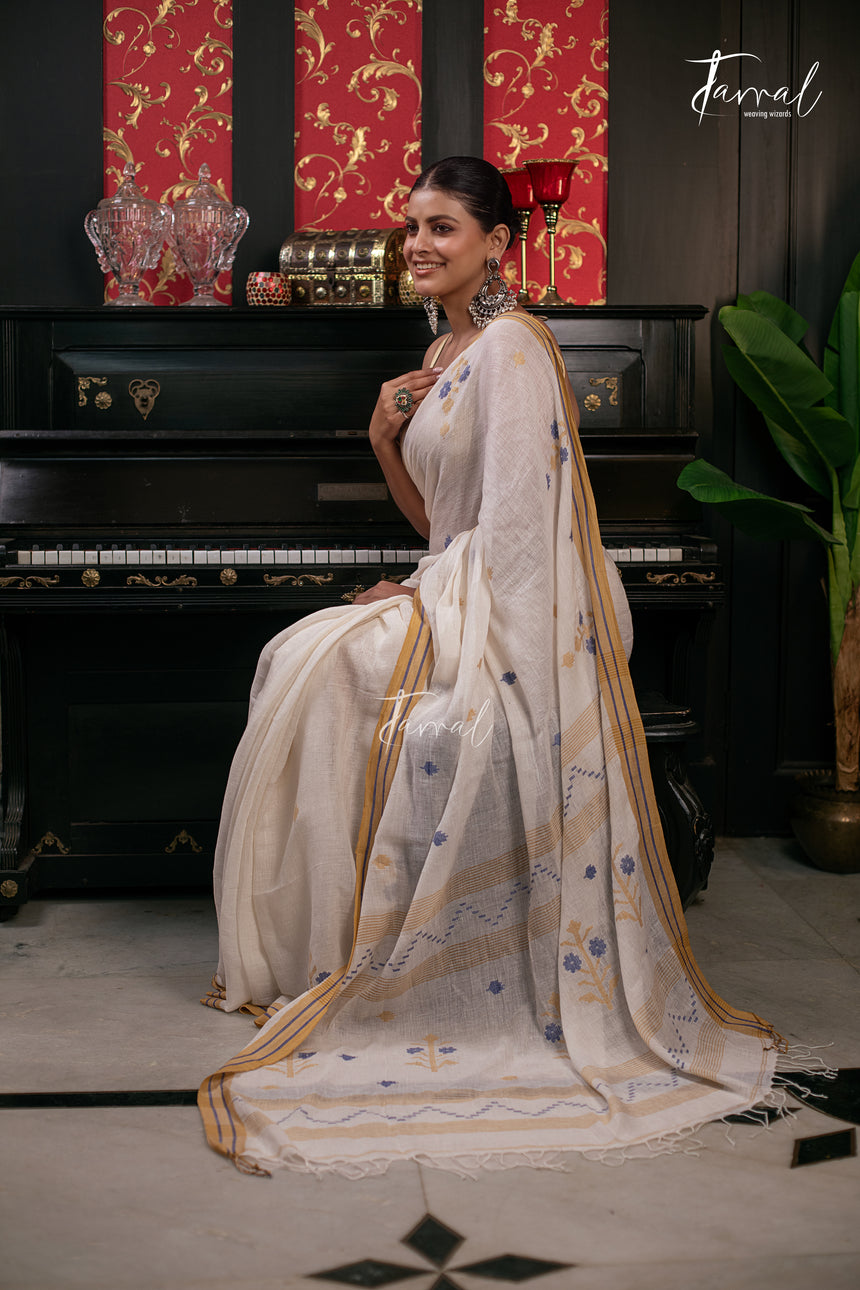 Offwhite With Yellow & Blue Linen Handwoven Jamadani Saree