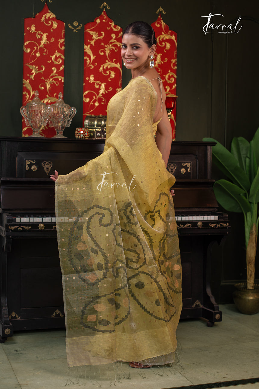 Olive Yellow With Sequins Work Tissue Silk Linen Handwoven Jamdani Saree