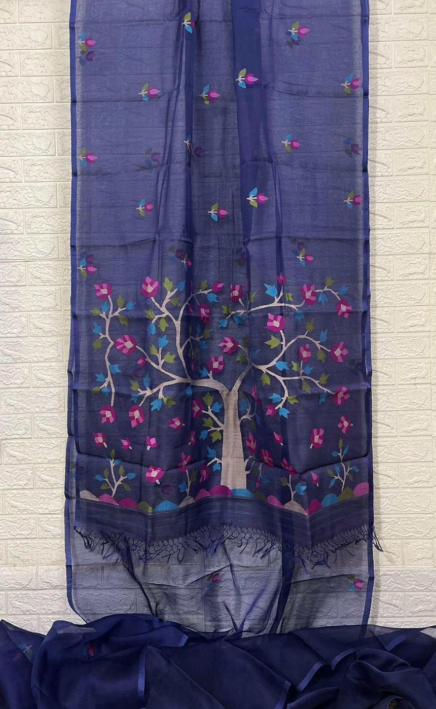 Indigo with tree pallu muslin silk handwoven jamdani saree - Tamal Boutique
