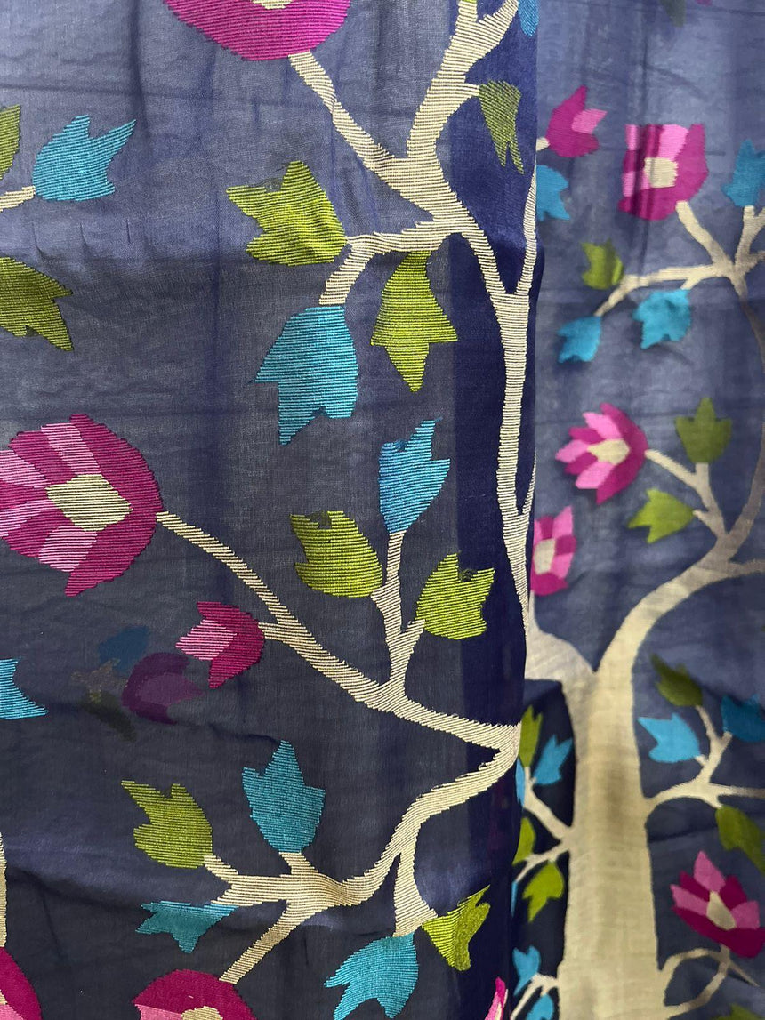 Indigo with tree pallu muslin silk handwoven jamdani saree - Tamal Boutique