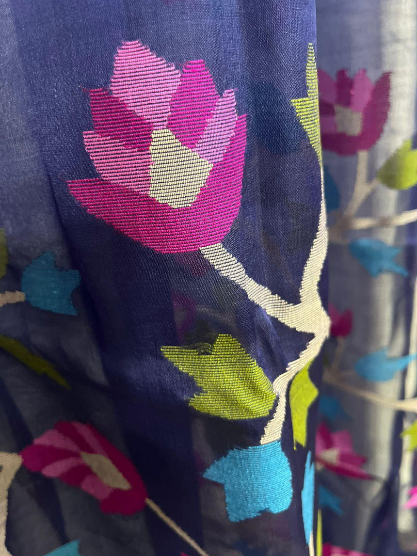 Indigo with tree pallu muslin silk handwoven jamdani saree - Tamal Boutique