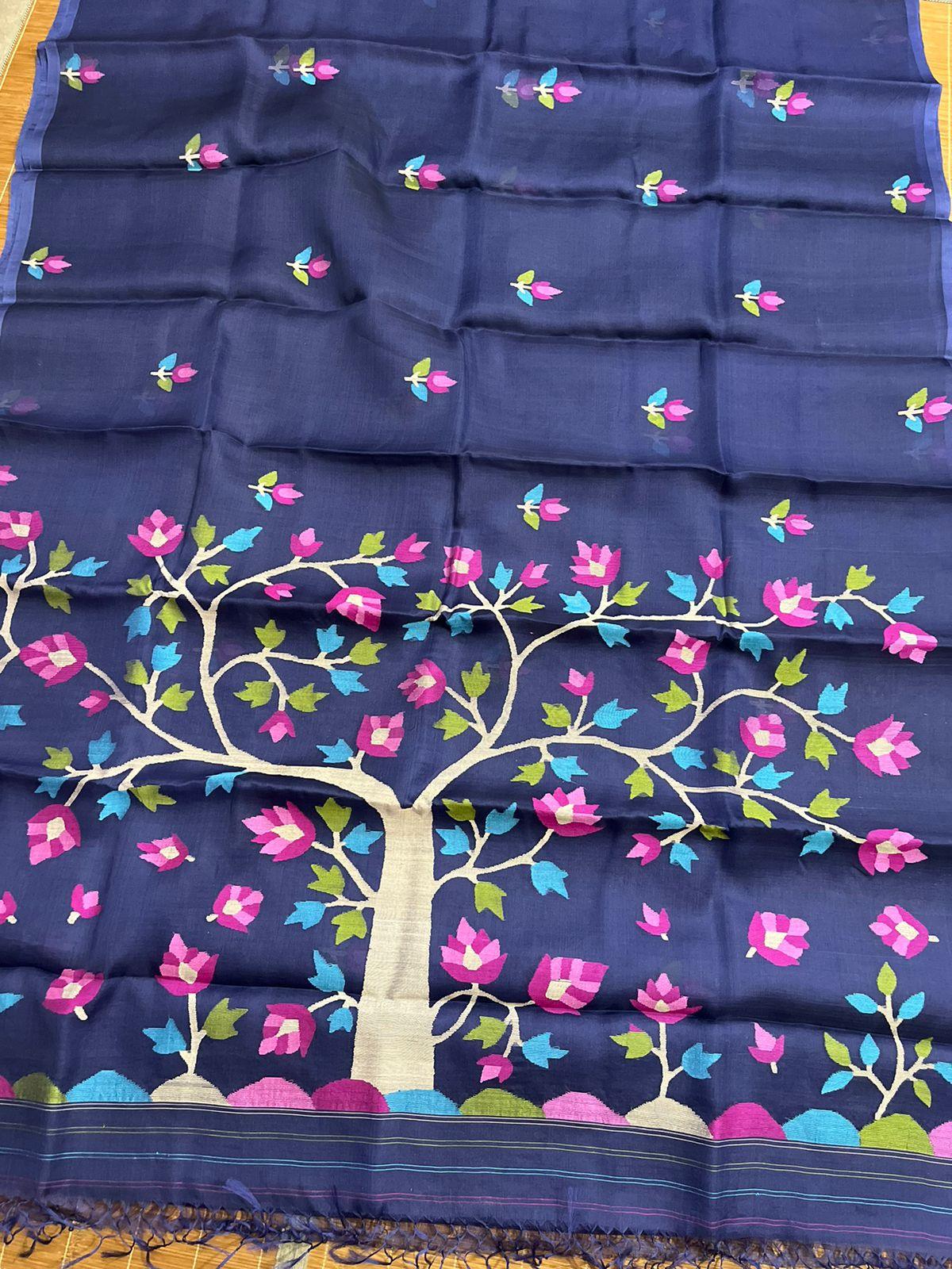 Indigo with tree pallu muslin silk handwoven jamdani saree - Tamal Boutique